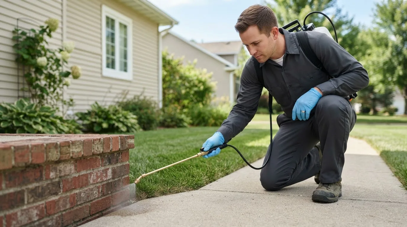 Pest control technician treating a home near Stockton, UT